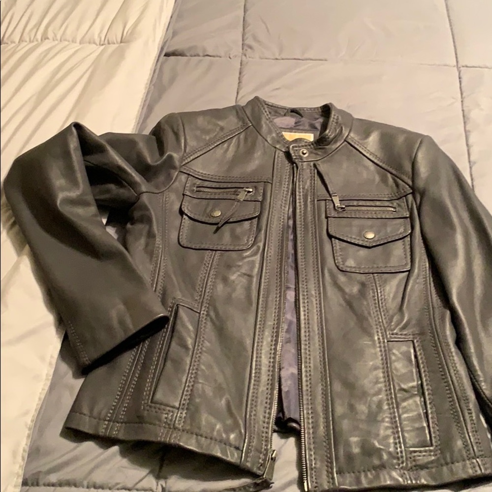 Gray leather moto jacket